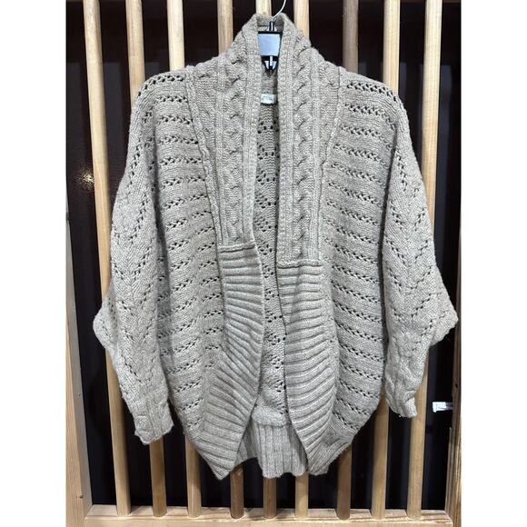 Garnet Hill Sweater Womens Medium Tan 100% Merino Wool Open Cardigan Knit Cozy - Picture 1 of 6
